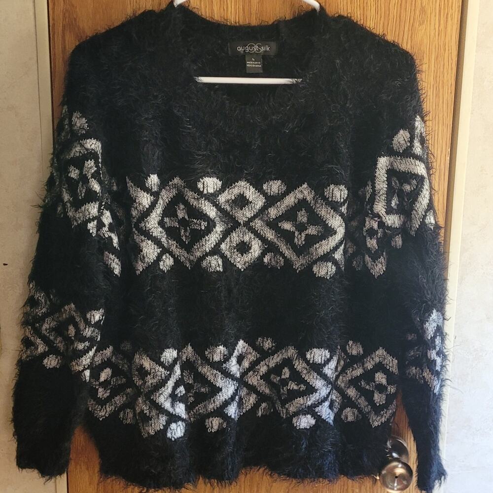 Black Gray Eyelash Knit Sweater Large Geometric Artsy Cozy Statement Pullover